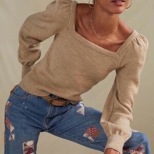 Anthropologie Beige Square Neck Puff Sleeve Sweater